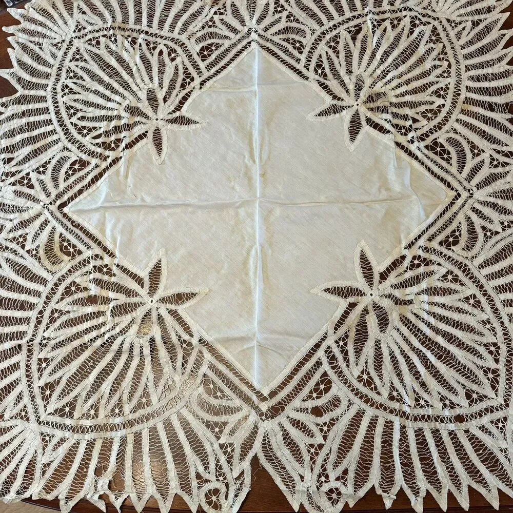 Antique Square Battenburg Lace Table Cloth 42” Square Hand Stitches